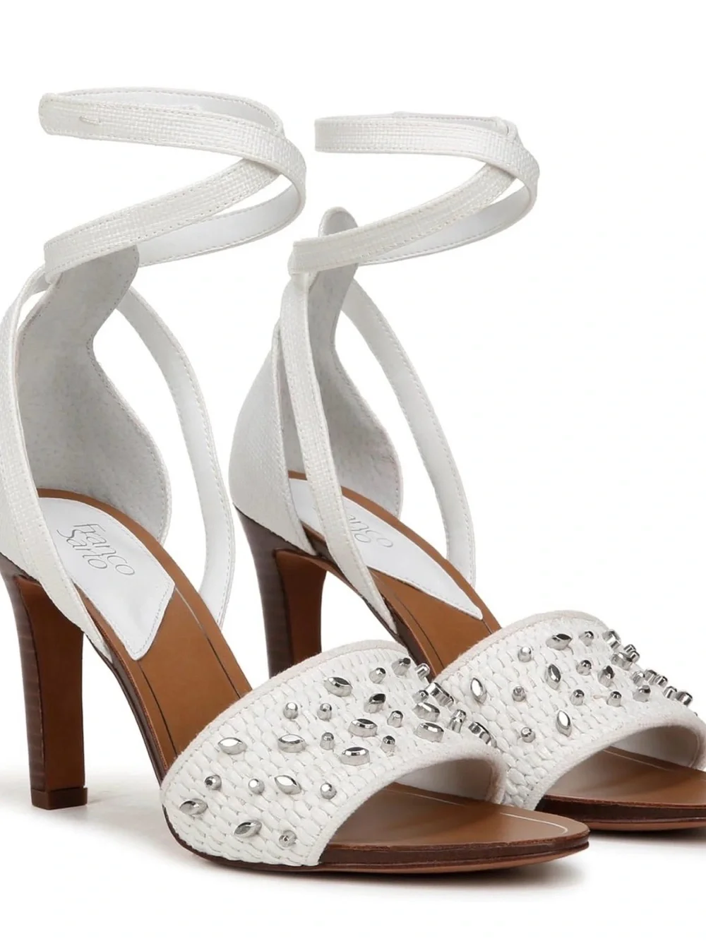 Franco Sarto White Embellished Ankle-Tie Heels